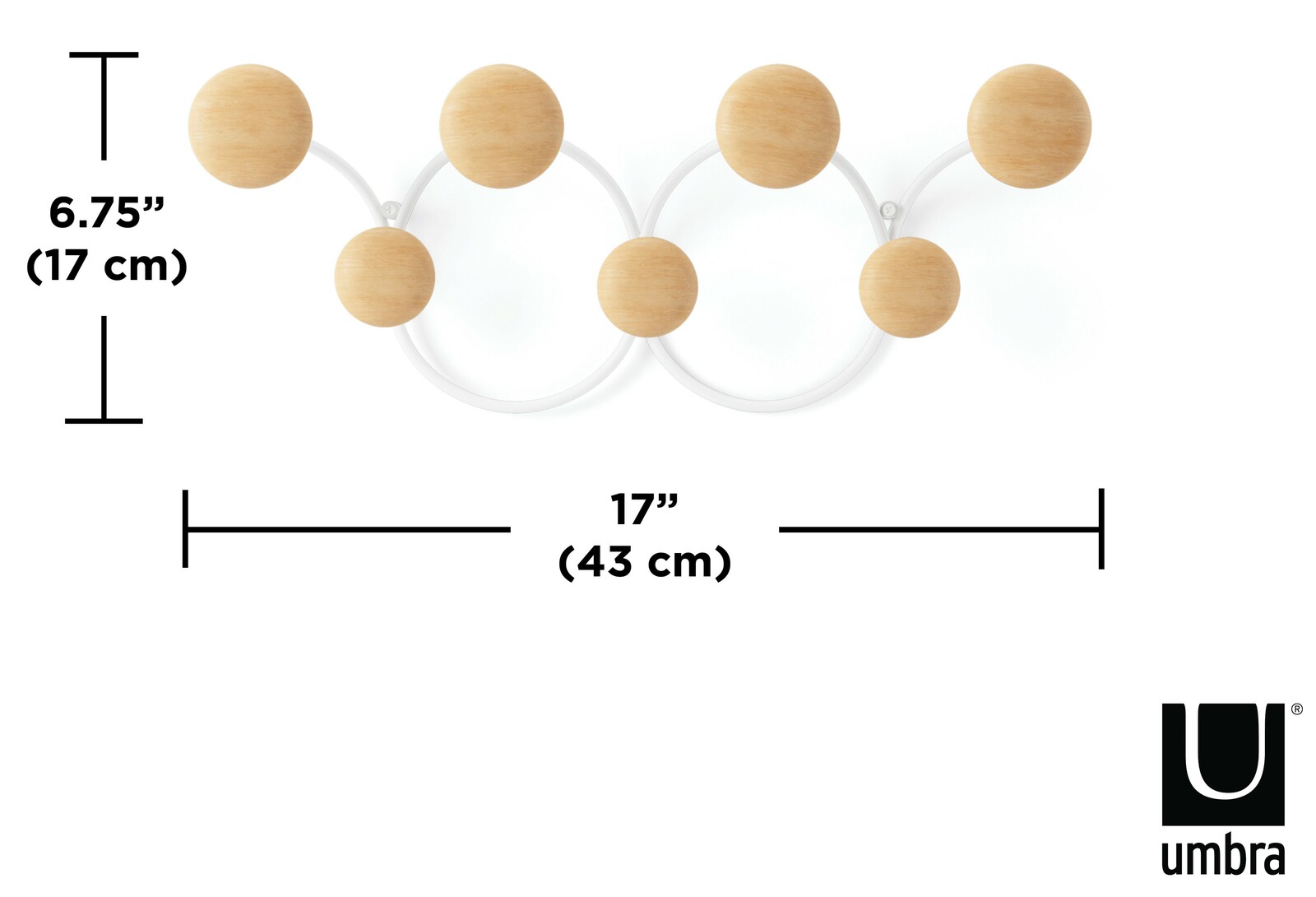 Vorderansicht der Umbra Wandgarderobe DOTSY mit fünf runden Holzhaken auf weißem Hintergrund, Maße 17 cm hoch und 43 cm breit.