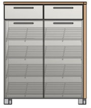 Moderner Schuhschrank mit zwei Schubladen und mehreren Regalböden, Frontalansicht