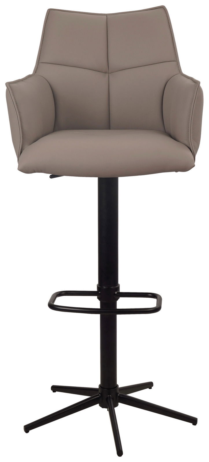 Barstuhl mit gepolstertem Sitz und Rückenlehne in Grau, schwarzem Standfuß und Fußstütze, Frontalansicht