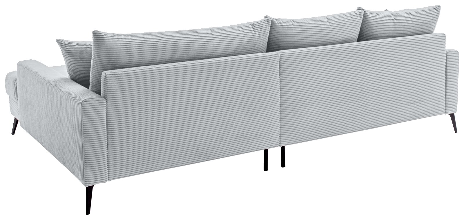 Rückansicht eines modernen, hellgrauen Sofas mit geripptem Stoffbezug und schwarzen Beinen.