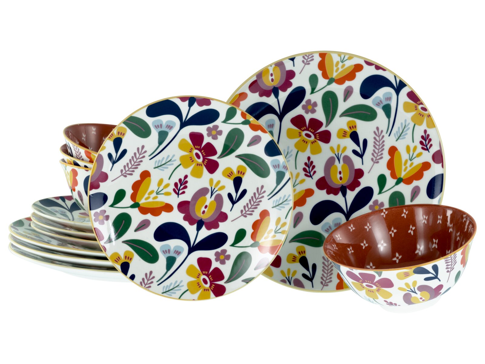 Creatable Tellerset 12-tlg FOLKLORE Buntes Geschirrset mit floralen Tellern und Schalen, Nahaufnahme in leicht schräger Vorderansicht vor weißem Hintergrund