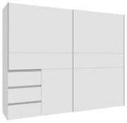 Moderner, weißer Schwebetürenschrank mit zwei Türen und drei Schubladen, seitliche Perspektive
