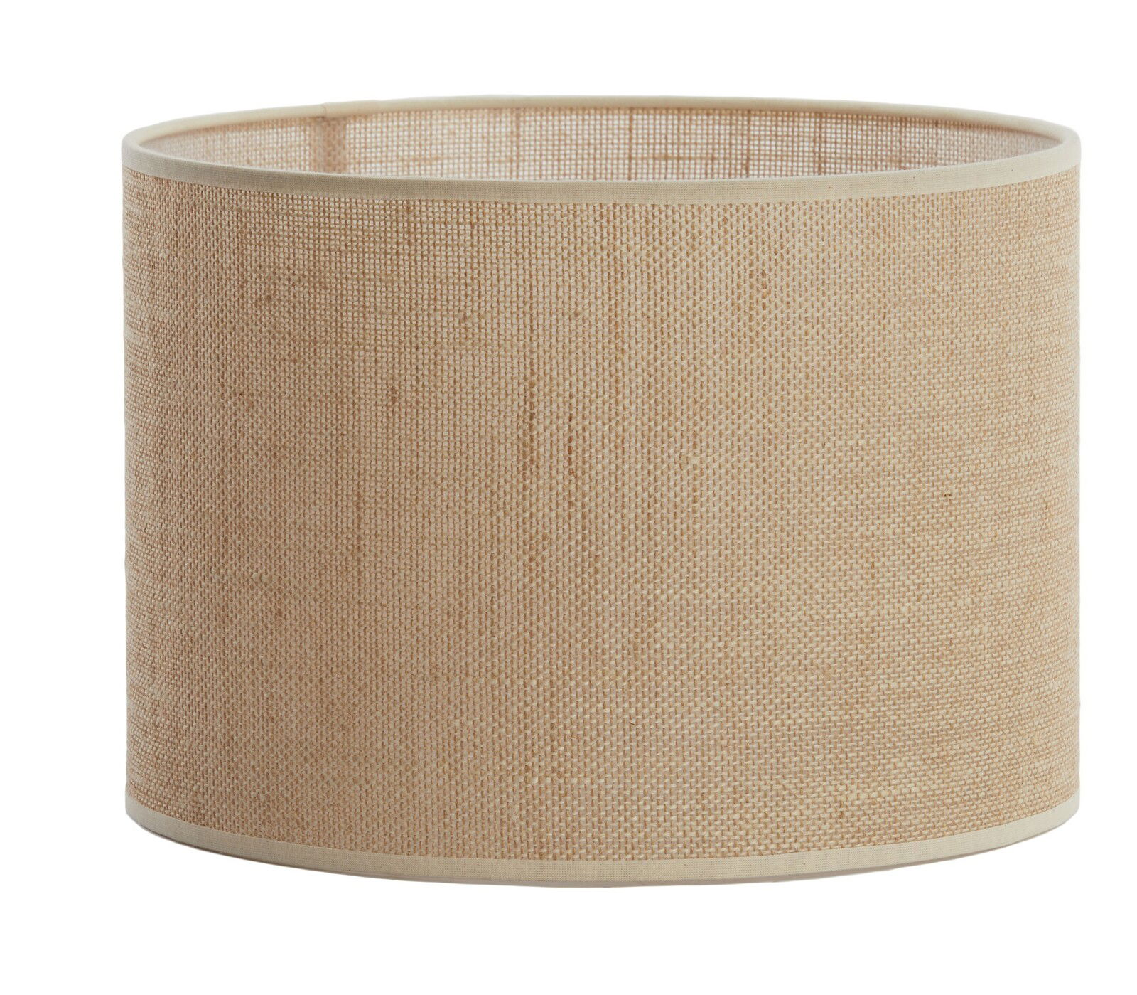 Zylindrischer Lampenschirm aus beigem Stoff, seitliche Perspektive