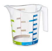 Transparenter Messbecher Domino 0,3L mit farbigen Skalen für verschiedene Maßeinheiten, seitliche Perspektive