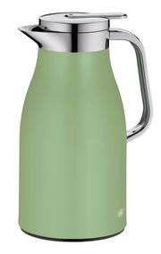 Grüne Isolierkanne mit glänzendem Metallgriff und -deckel, seitliche Perspektive