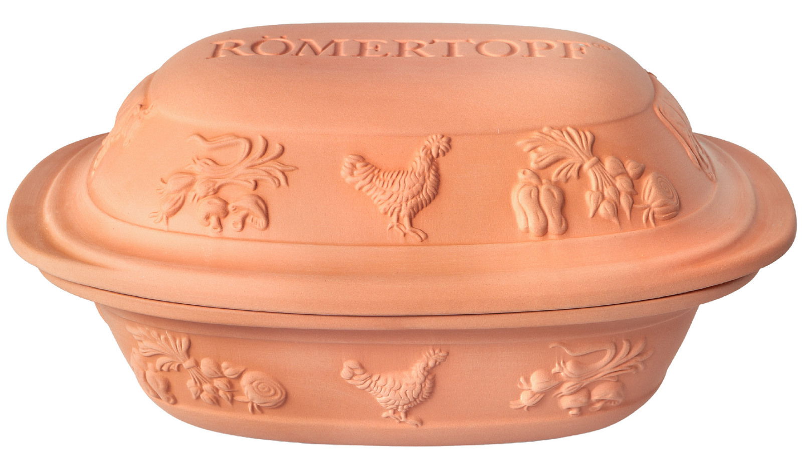 Römertopf Bräter Rustico aus Ton mit Hühner- und Gemüseverzierungen, seitliche Perspektive