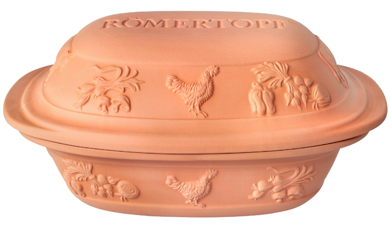 Römertopf Bräter Rustico aus Ton mit Hühner- und Gemüseverzierungen, seitliche Perspektive