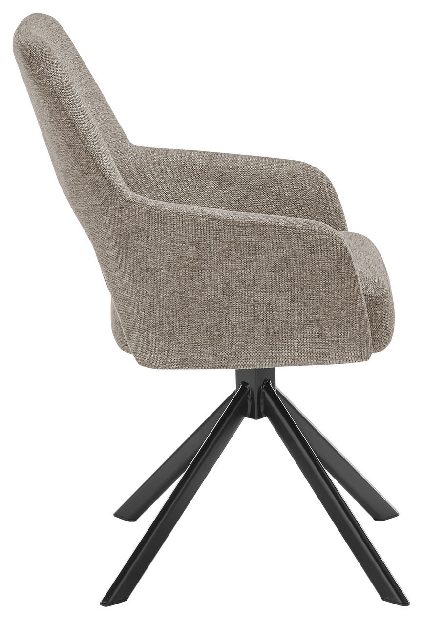 Seitenansicht eines modernen Armlehnstuhls mit grauem Stoffbezug und schwarzem Metallgestell.