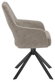 Seitenansicht eines modernen Armlehnstuhls mit grauem Stoffbezug und schwarzem Metallgestell.