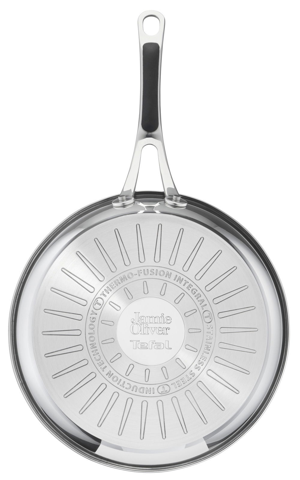Ansicht von oben auf die Unterseite einer Bratpfanne Jamie Oliver Cook 2 mit Edelstahlboden und Thermo-Fusion Technologie.