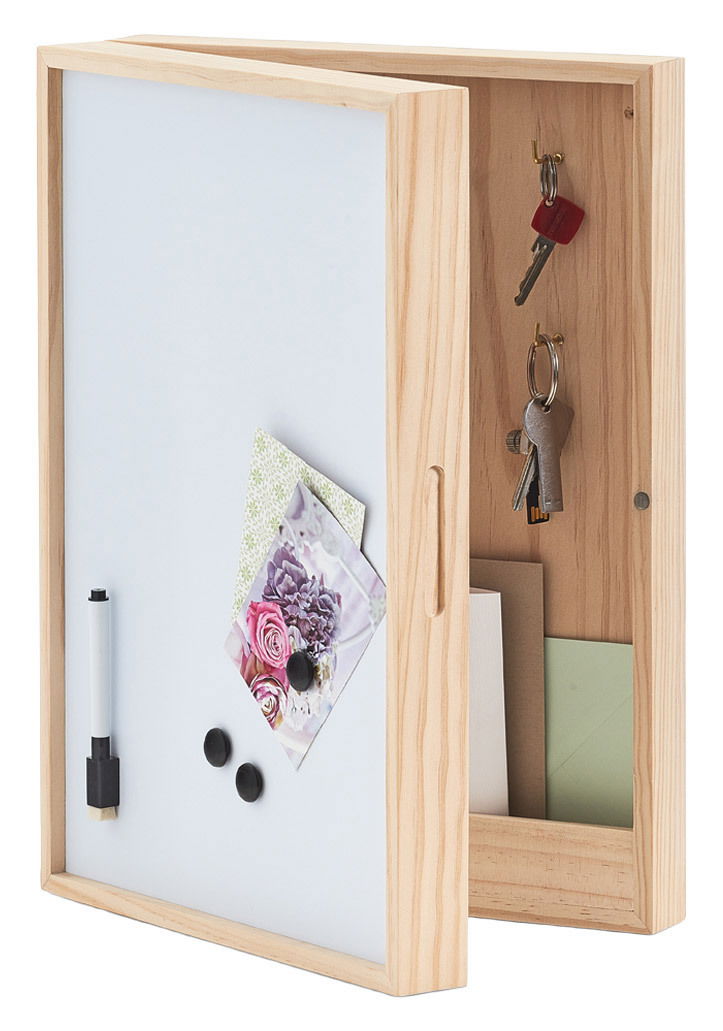 Schlüssel- und Memo-Box mit Whiteboard, aus Holz, mit Haken für Schlüssel und Ablage für Notizen, seitliche Perspektive