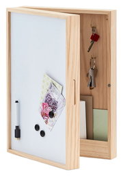 Schlüssel- und Memo-Box mit Whiteboard, aus Holz, mit Haken für Schlüssel und Ablage für Notizen, seitliche Perspektive