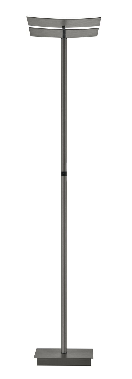 Moderne Stehleuchte ANDY in grauer Farbe, frontal abgebildet mit rechteckigem Sockel und schmalem, geradem Ständer.