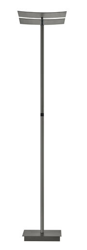 Moderne Stehleuchte ANDY in grauer Farbe, frontal abgebildet mit rechteckigem Sockel und schmalem, geradem Ständer.
