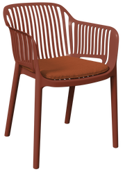 Roter Stapelsessel mit Armlehnen und Sitzkissen, seitliche Perspektive