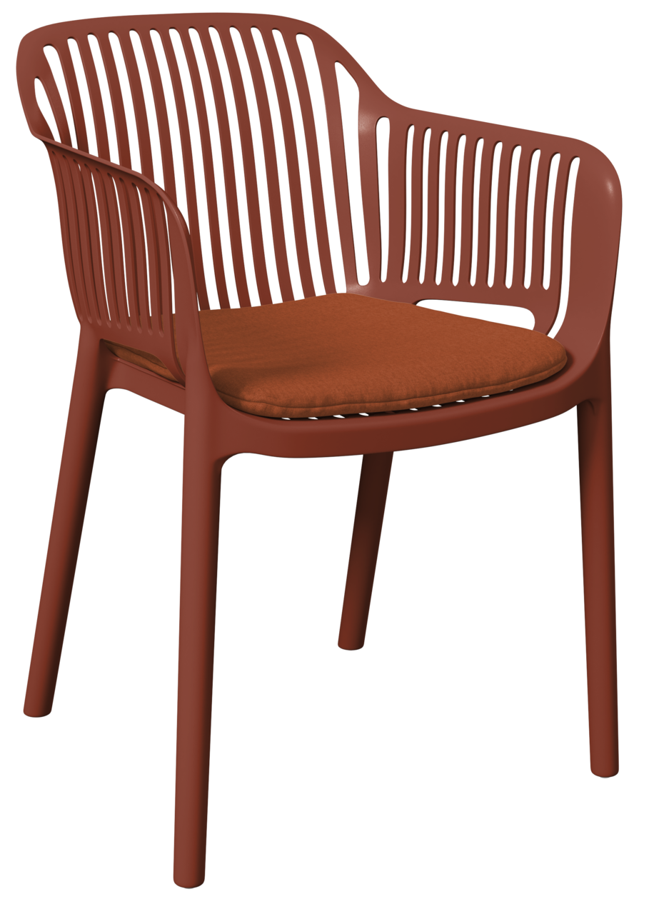 Roter Stapelsessel mit Armlehnen und Sitzkissen, seitliche Perspektive