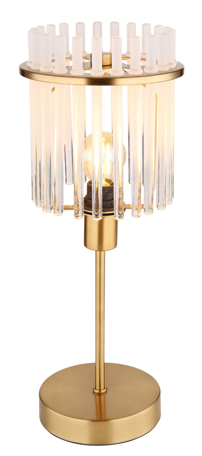 Elegante Tischleuchte GORLEY mit goldfarbenem Gestell und vertikalen Glasstäben, seitliche Perspektive