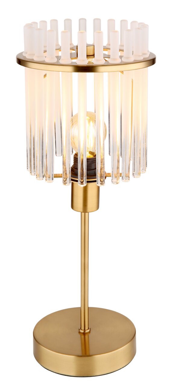 Elegante Tischleuchte GORLEY mit goldfarbenem Gestell und vertikalen Glasstäben, seitliche Perspektive