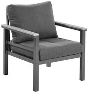 Moderner grauer Sessel mit Metallrahmen und gepolsterten Kissen, seitliche Perspektive