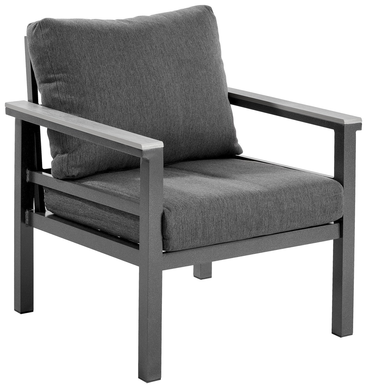 Amatio Sessel OLYMPIA Moderner grauer Sessel mit Metallrahmen und gepolsterten Kissen, seitliche Perspektive