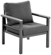 Moderner grauer Sessel mit Metallrahmen und gepolsterten Kissen, seitliche Perspektive