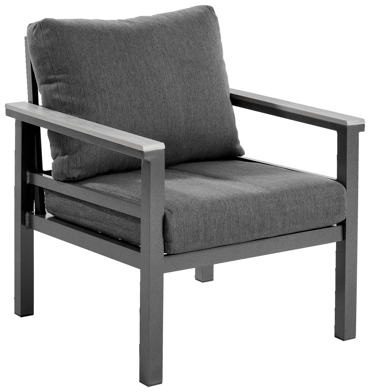 Amatio Sessel OLYMPIA Moderner grauer Sessel mit Metallrahmen und gepolsterten Kissen, seitliche Perspektive