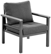 Moderner grauer Sessel mit Metallrahmen und gepolsterten Kissen, seitliche Perspektive