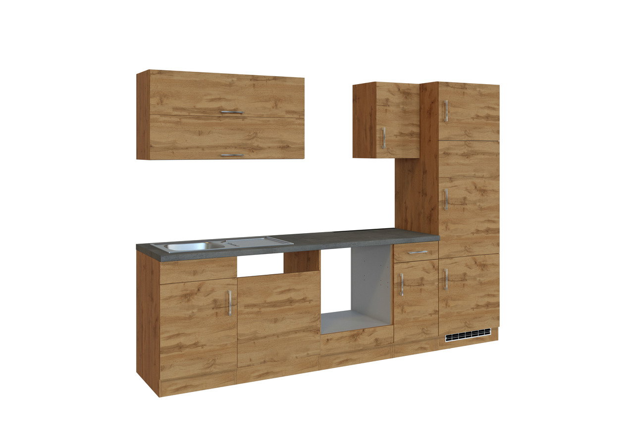 Küchenzeile in Holzoptik mit Spüle und mehreren Schränken, seitliche Perspektive