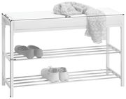 Weißes Schuhregal mit zwei Ablagen und einer gepolsterten Sitzfläche, frontal abgebildet. Maße: 80 cm Breite, 30 cm Tiefe, 52 cm Höhe.