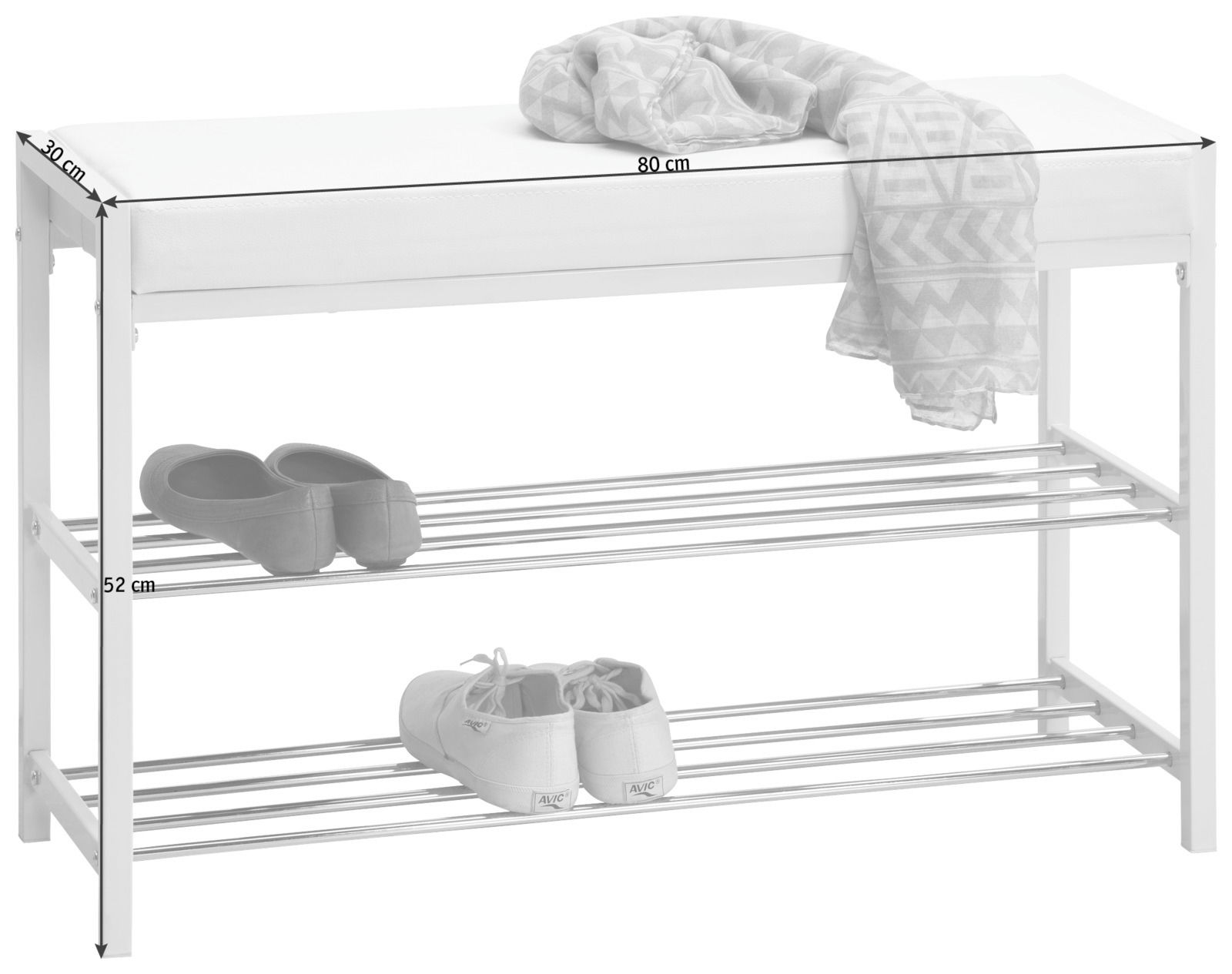 Weißes Schuhregal mit zwei Ablagen und einer gepolsterten Sitzfläche, frontal abgebildet. Maße: 80 cm Breite, 30 cm Tiefe, 52 cm Höhe.