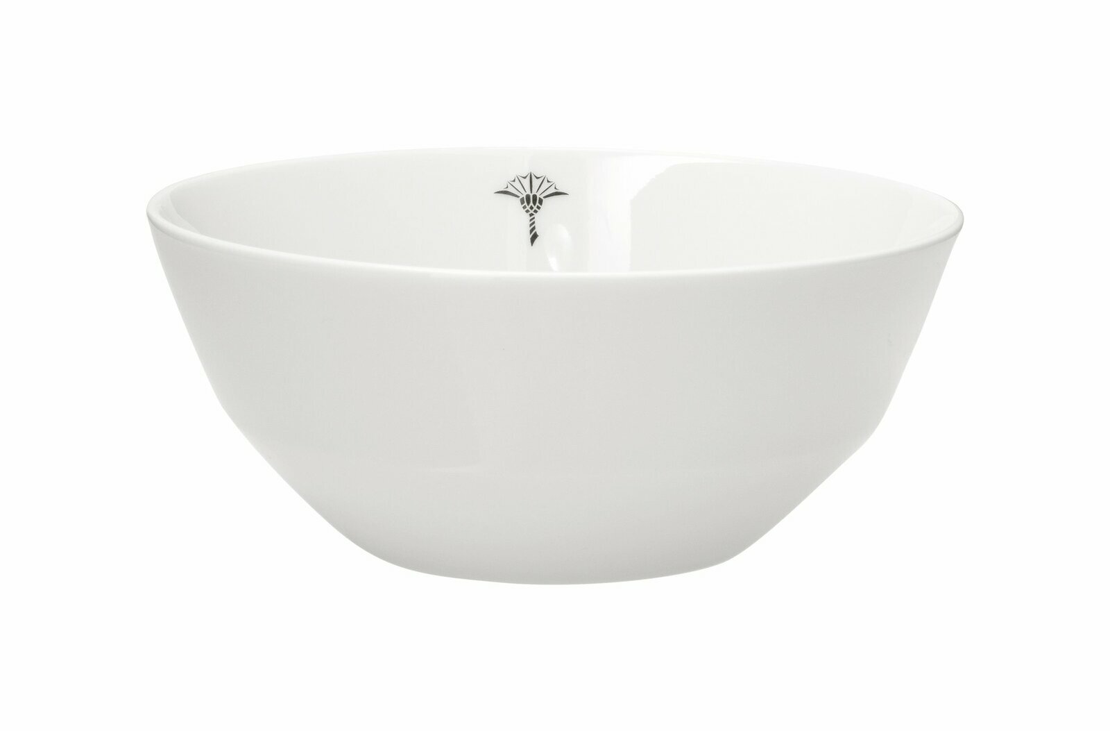 Weiße Schale mit schwarzem Emblem, seitliche Perspektive