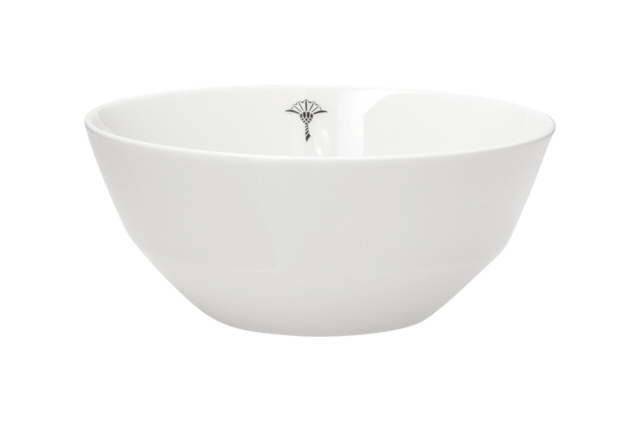 Weiße Schale mit schwarzem Emblem, seitliche Perspektive