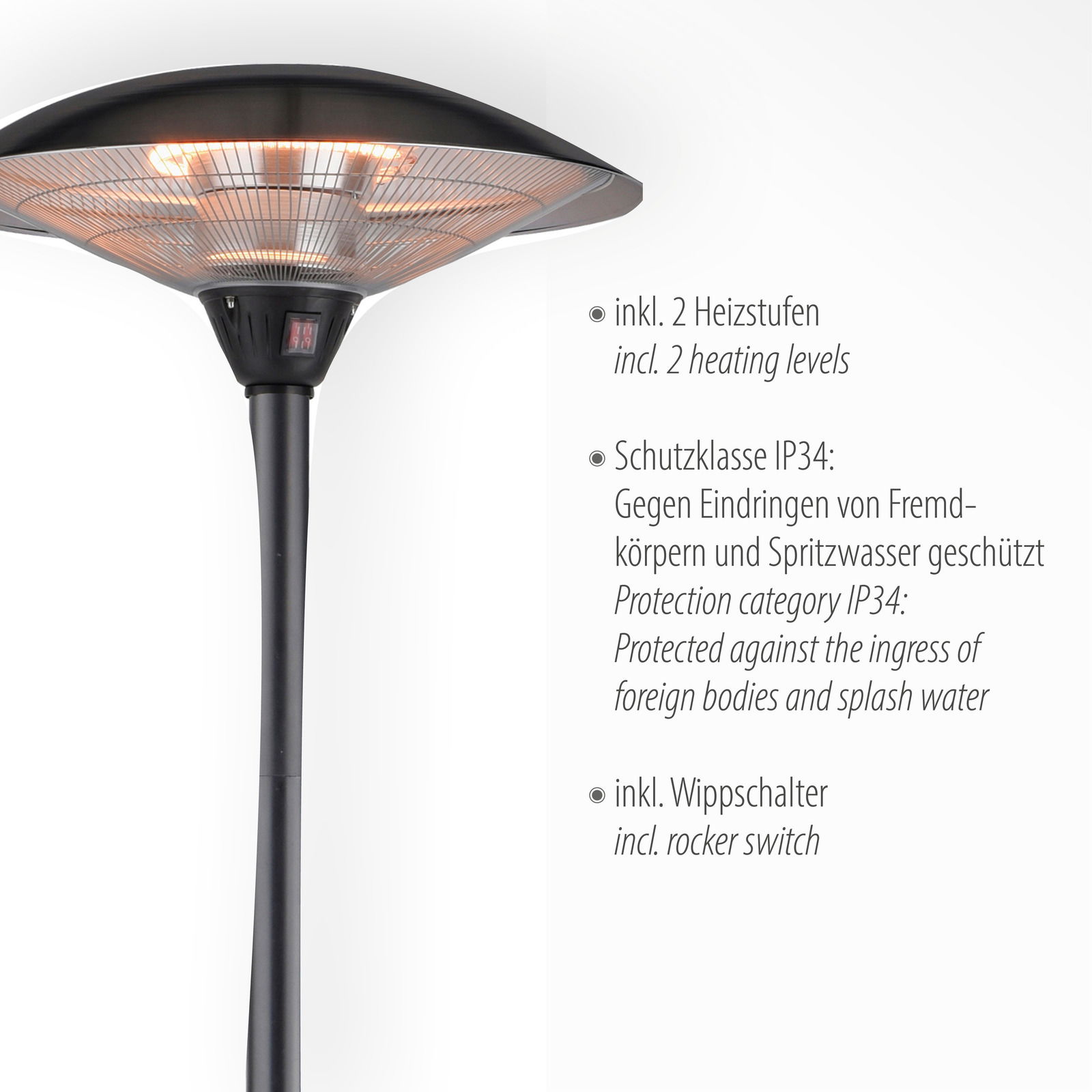 Standheizstrahler mit zwei Heizstufen, Schutzklasse IP34 und Wippschalter, seitliche Perspektive