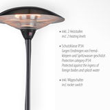 Standheizstrahler mit zwei Heizstufen, Schutzklasse IP34 und Wippschalter, seitliche Perspektive