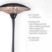 Standheizstrahler mit zwei Heizstufen, Schutzklasse IP34 und Wippschalter, seitliche Perspektive