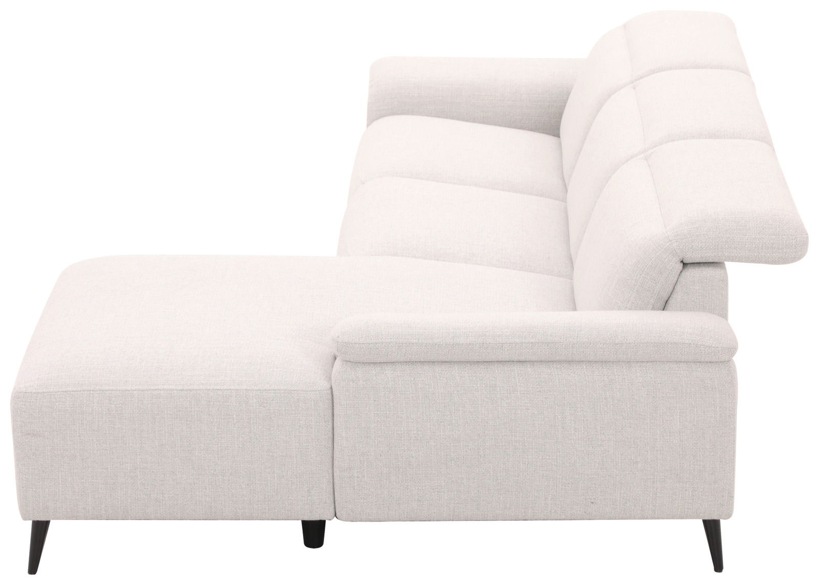 Seitenansicht einer modernen, hellgrauen Longchairkombination mit gepolsterten Sitz- und Rückenkissen.