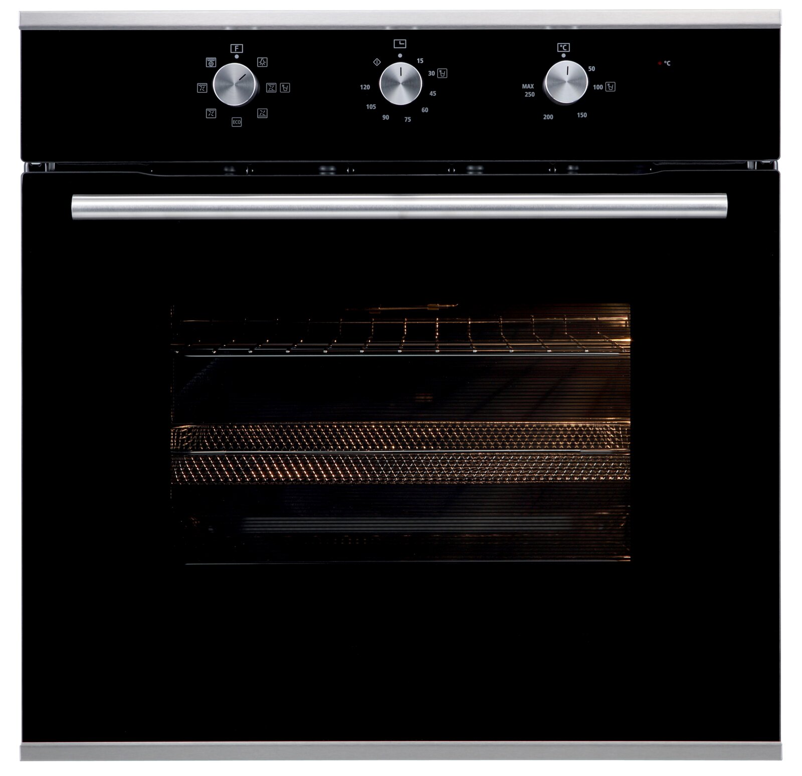 Schwarzer Einbau-Backofen mit Glastür, Edelstahlgriff und drei Drehknöpfen, Frontalansicht