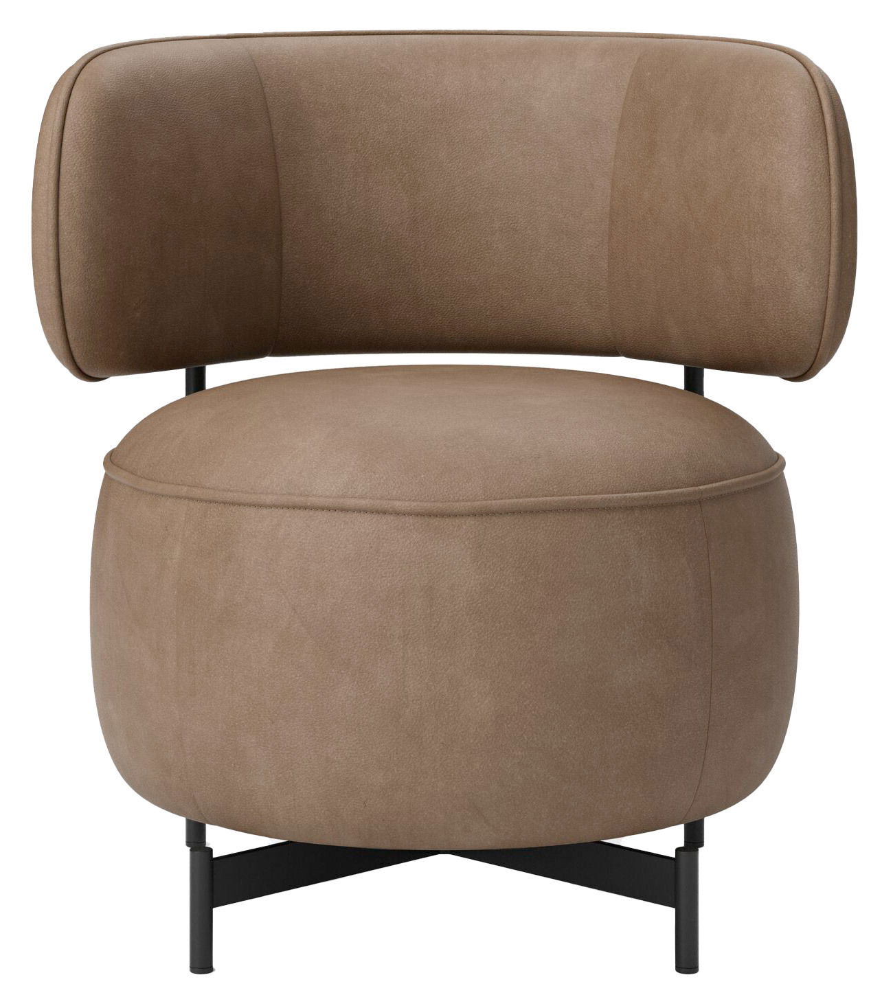 Moderner brauner Sessel mit runder Sitzfläche und Rückenlehne, Vorderansicht