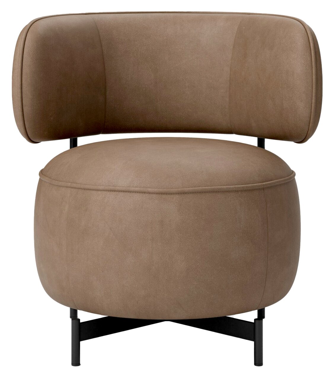 Moderne bruine fauteuil met ronde zitting en rugleuning, vooraanzicht