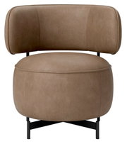 Moderne bruine fauteuil met ronde zitting en rugleuning, vooraanzicht
