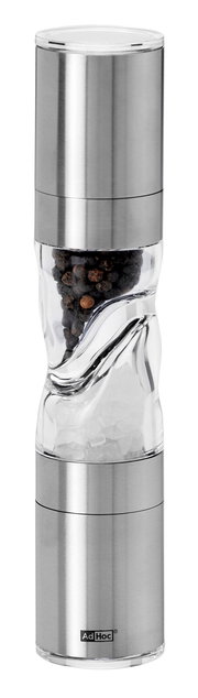 Doppelmühle DUOMILL PURE aus Edelstahl und Glas, gefüllt mit Pfeffer und Salz, in einer frontalen Ansicht.