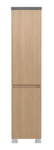 Frontansicht eines Midischranks mit Holzoptik und geriffelter Oberfläche, 30 cm breit, mit grauer Oberseite und silbernen Füßen.