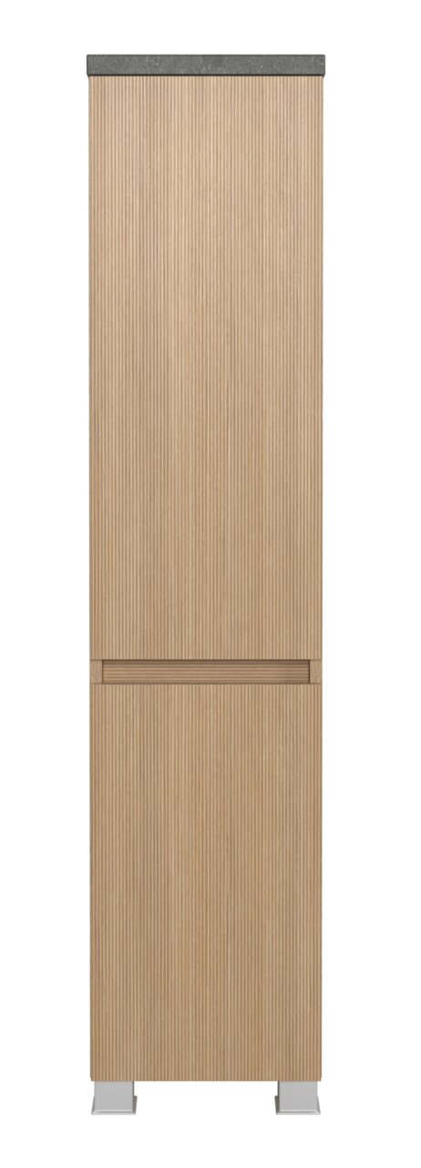 Frontansicht eines Midischranks mit Holzoptik und geriffelter Oberfläche, 30 cm breit, mit grauer Oberseite und silbernen Füßen.