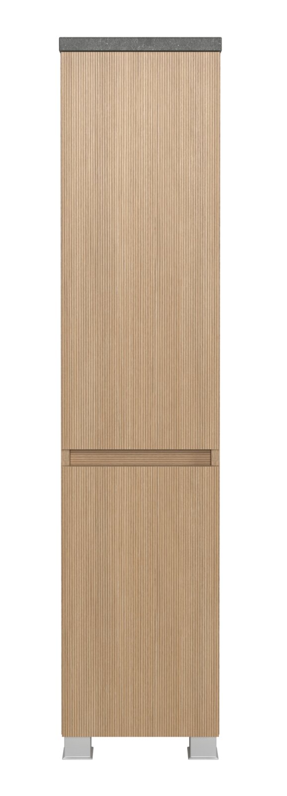 XORA Midischrank TOULON Frontansicht eines Midischranks mit Holzoptik und geriffelter Oberfläche, 30 cm breit, mit grauer Oberseite und silbernen Füßen.