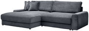 Graues Cord-Ecksofa mit linker Ottomane/Longchair, breiten Armlehnen und mehreren Rückenkissen, Ansicht schräg von vorn