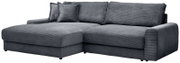 Graues Cord-Ecksofa mit linker Ottomane/Longchair, breiten Armlehnen und mehreren Rückenkissen, Ansicht schräg von vorn