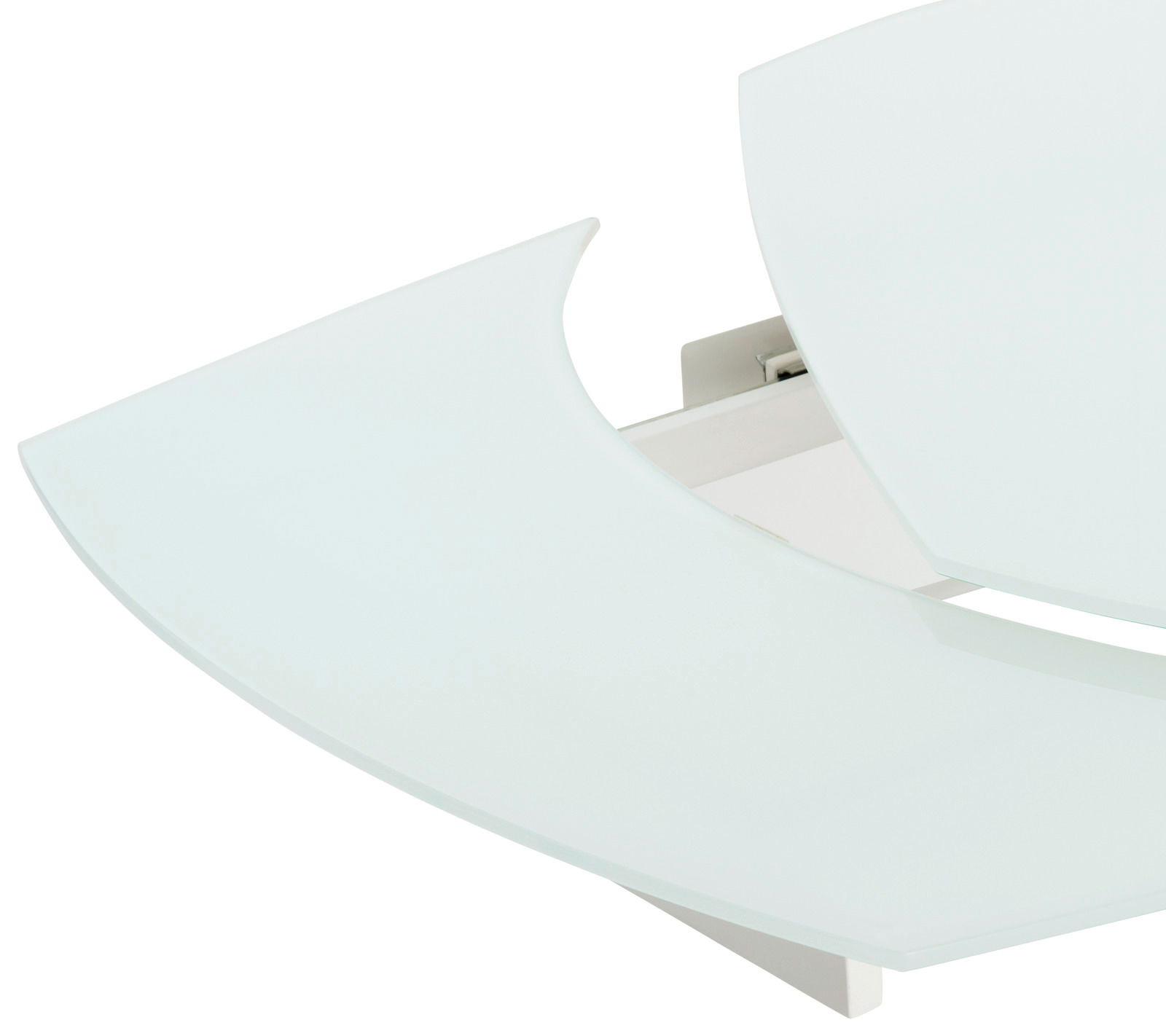 Nahaufnahme eines modernen Esstisches mit abgerundeten Kanten und weißer Glasoberfläche, von oben betrachtet.