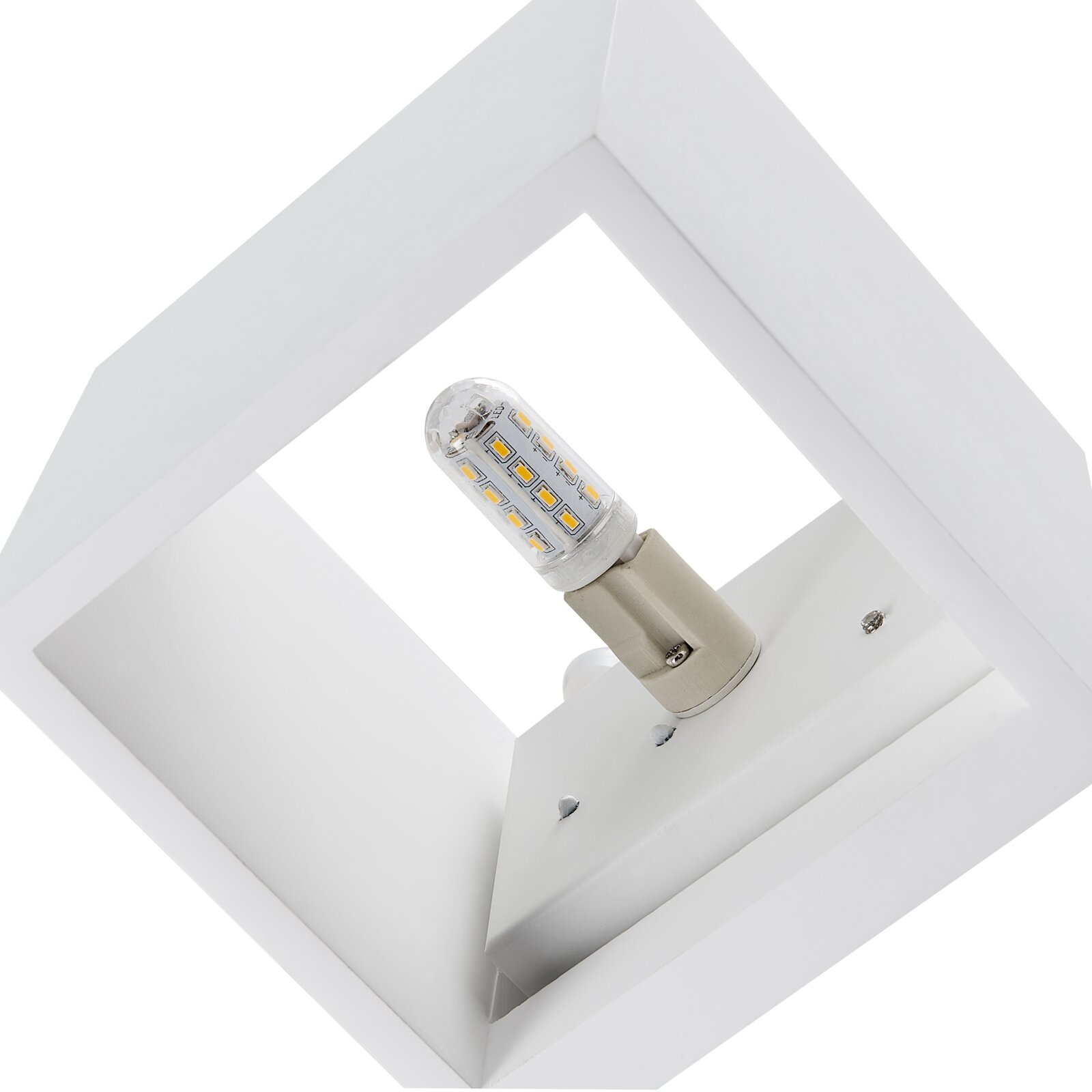 Moderne weiße Wandleuchte mit sichtbarer LED-Birne, seitliche Perspektive