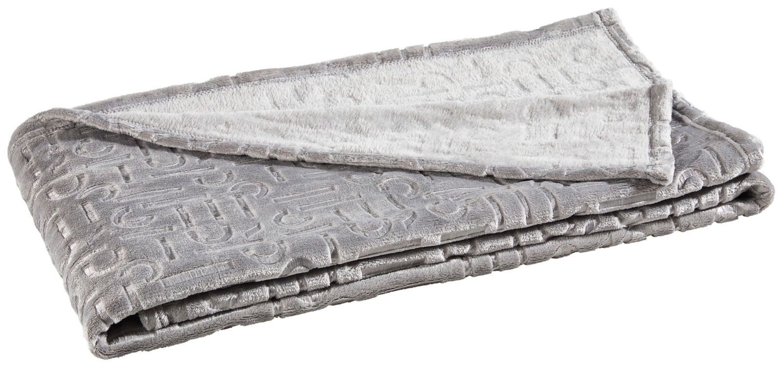 Graues Plaid 220x240cm mit geprägtem Muster, gefaltet und aus seitlicher Perspektive fotografiert