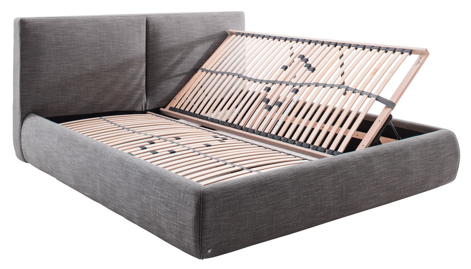 Graues Polsterbett mit hochgeklapptem Lattenrost, seitliche Perspektive